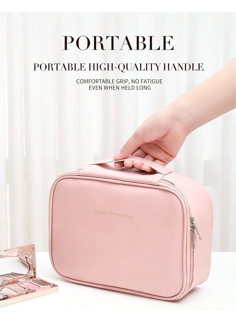 Multi-Layer Large Capacity Detachable Makeup Bag, Waterproof Portable Travel Storage Bag with Brush Storage,PU Leather Cosmetic Bag with Zipper,  Large Capacity Handheld Travel Cosmetic Bag with Compartments for Girls and Women (Pink) - Image 3